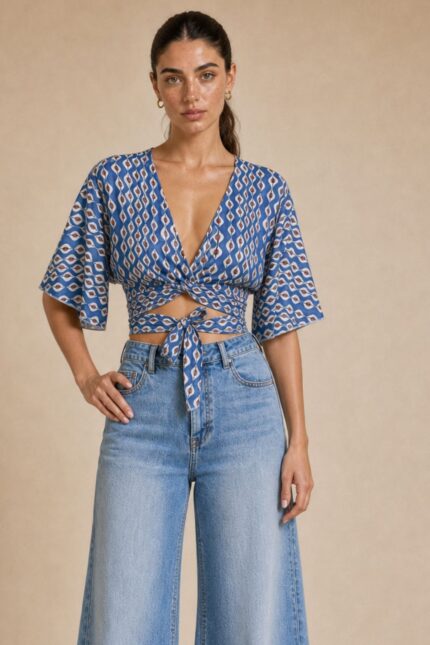 Iris Viscose Κρουαζέ Top in blue Χαρακτηριστικά Προϊόντος Πολυμορφικό κρουαζέ / wrap σχέδιο Δένει μπροστά ή πίσω Μπορεί να φορεθεί και ανάποδα Άνοιγμα μπροστά ή στην πλάτη, ανάλογα με το styling Άνετη γραμμή μανικιού ,μήκος κλασσικού κοντομάνικου Ασύμμετρο τελείωμα Άνετη, προσαρμοζόμενη εφαρμογή Πολύ μαλακό και δροσερό ύφασμα Ανάλαφρη & breathable αίσθηση Viscose Σημείωση για ευαίσθητα δέρματα: Η viscose έχει απαλή και λεία αίσθηση και μπορεί να αποτελεί άνετη επιλογή για άτομα που ενοχλούνται από πιο τραχιές υφές. Η ατομική ευαισθησία ή αλλεργία, ωστόσο, διαφέρει από άτομο σε άτομο. Διαστάσεις Μέγεθος Στήθος Μέση Μήκος One Size έως 100 cm Ρυθμιζόμενη με το δέσιμο Κανονικό crop Φροντίδα Πλύσιμο έως 30°C Χωρίς στύψιμο Σιδέρωμα σε κανονική θερμοκρασία