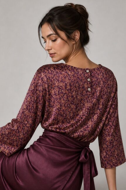 Floral Satin Viscose Blouse Χαρακτηριστικά Ύφασμα: Viscose με satin-effect επεξεργασία Αίσθηση: Πολύ μαλακή, δροσερή & ανάλαφρη Υφή: Λεία με διακριτική σατινέ όψη Print: Floral Γραμμή: Άνετη Μανίκι: 3/4 Μήκος: Κανονικό Πλάτη: 3 μικρά κουμπιά Μέγεθος: One Size – καλύπτει έως Large Non-iron Διαστάσεις Στήθος: έως 112 cm Περιφέρεια: έως 116 cm Μήκος: 64 cm Μανίκι: 42 cm Φροντίδα Πλύσιμο έως 30°C Χωρίς στύψιμο Χαμηλές στροφές Όχι στεγνωτήριο Αποφυγή παρατεταμένης έκθεσης σε έντονο ηλιακό φως Δεν απαιτεί σιδέρωμα