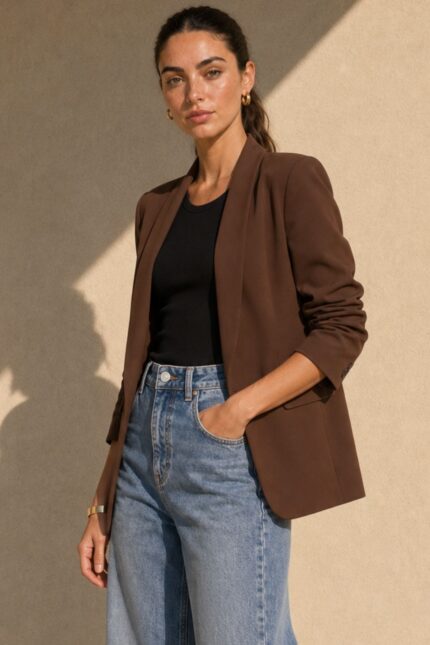 Jackie Jacket in Brown Κωδ.: 5926 Χαρακτηριστικά Προϊόντος Γραμμή: Relaxed / Oversized fit Μέγεθος: One Size – καλύπτει έως Large Ύφασμα: Ελαφρύ structured tailoring fabric με όμορφο πέσιμο Σχεδιασμός: Open-front, χωρίς κουμπώματα Μανίκια: 3/4 με σουρωμένο / ruched τελείωμα Εσωτερικό: Σατινέ επένδυση Non Iron Φροντίδα Πλύσιμο έως 30°C Χωρίς στύψιμο Χαμηλές στροφές Όχι στεγνωτήριο Non Iron Εάν χρειαστεί σιδέρωμα, προτείνεται χαμηλή θερμοκρασία και πάντα με προστατευτικό πανί ανάμεσα στο σίδερο και το ύφασμα