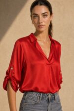 Kate Satin Shirt in red Kωδ:13926 Χαρακτηριστικά Μαλακό satin ύφασμα με διακριτική λάμψη Άνετη και ρευστή εφαρμογή Γιακάς άνοιγμα μπροστά Roll-up μανίκια με κουμπί Πιέτα στην πλάτη Ασύμμετρο τελείωμα – πιο μακρύ πίσω One Size Καλύπτει άνετα έως Large Φροντίδα Πλύσιμο έως 30°C σε πρόγραμμα για ευαίσθητα. Χωρίς έντονο στύψιμο. Σιδέρωμα σε χαμηλή θερμοκρασία, ιδανικά από την ανάποδη ή με λεπτό πανί ανάμεσα στο σίδερο και το ύφασμα. Αποφύγετε την πολύ υψηλή θερμοκρασία για να διατηρηθεί η όψη του satin υφάσματος.