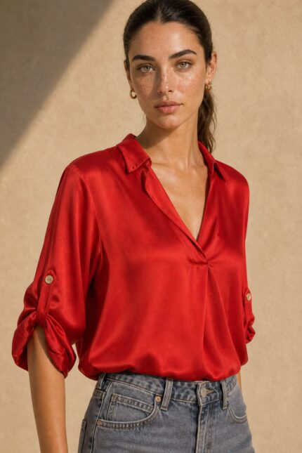 Kate Satin Shirt in red Kωδ:13926 Χαρακτηριστικά Μαλακό satin ύφασμα με διακριτική λάμψη Άνετη και ρευστή εφαρμογή Γιακάς άνοιγμα μπροστά Roll-up μανίκια με κουμπί Πιέτα στην πλάτη Ασύμμετρο τελείωμα – πιο μακρύ πίσω One Size Καλύπτει άνετα έως Large Φροντίδα Πλύσιμο έως 30°C σε πρόγραμμα για ευαίσθητα. Χωρίς έντονο στύψιμο. Σιδέρωμα σε χαμηλή θερμοκρασία, ιδανικά από την ανάποδη ή με λεπτό πανί ανάμεσα στο σίδερο και το ύφασμα. Αποφύγετε την πολύ υψηλή θερμοκρασία για να διατηρηθεί η όψη του satin υφάσματος.