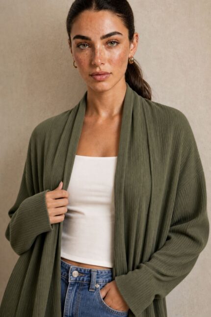 Noelia Ribbed Cardigan Χαρακτηριστικά Προϊόντος • Ύφασμα: Μαλακό crepe με λεπτή ribbed / ριπ ύφανση • Ανάλαφρη και απαλή υφή • Μακρυμάνικη • Ανοιχτή μπροστινή γραμμή χωρίς κούμπωμα • Loose / relaxed fit • Άνετη εφαρμογή που δεν πιέζει • Καλύπτει όμορφα την περιφέρεια • Ιδανική για layering • One Size – καλύπτει έως Large Plus Φροντίδα • Πλύσιμο έως 30°C • Στύψιμο έως 400 στροφές • Πλύσιμο από την ανάποδη • Φυσικό στέγνωμα • Αποφύγετε το στεγνωτήριο • Σιδέρωμα μόνο σε χαμηλή θερμοκρασία, εφόσον χρειάζεται