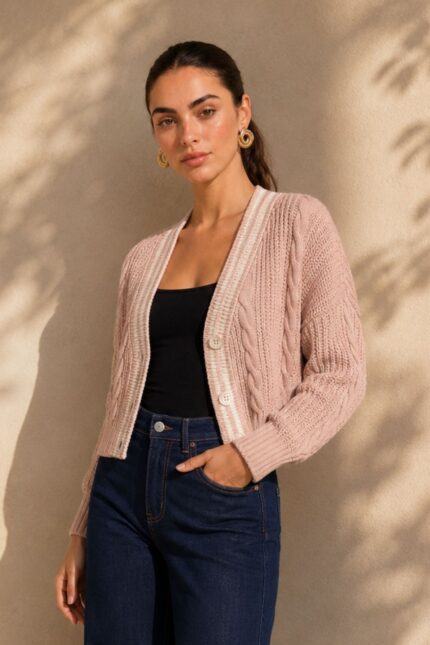 GNT γυναικεία πλεκτή ζακέτα με cable knit σχέδιο, V λαιμόκοψη και contrast λεπτομέρειες. Μαλακό πλεκτό, One Size έως Large