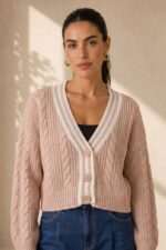 GNT γυναικεία πλεκτή ζακέτα με cable knit σχέδιο, V λαιμόκοψη και contrast λεπτομέρειες. Μαλακό πλεκτό, One Size έως Large