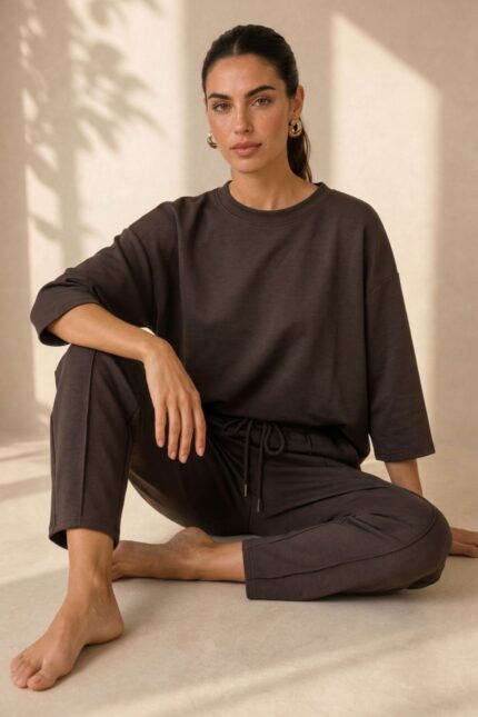 Set Viscose Loungewear in Brown Κωδ:18226 Χαρακτηριστικά Προϊόντος • Σετ μπλούζα & παντελόνι • One Size – καλύπτει έως X-Large • Ύφασμα: Πολύ μαλακή σύνθεση με viscose • Loose μπλούζα με φαρδύ μανίκι για άνετη εφαρμογή • Παντελόνι 7/8 μήκους, carrot fit • Ελαστική μέση για καλύτερη προσαρμογή • Πρακτικές πλαϊνές τσέπες • Απαλό, ελαφρύ και breathable ύφασμα • Κατάλληλο για καθημερινά, travel & loungewear looks • Non-iron ύφασμα Διαστάσεις (flat) • Στήθος μπλούζας: έως 120 cm • Μήκος μπλούζας: περίπου 68 cm • Μέση παντελονιού: 70–100 cm (ελαστική) • Περιφέρεια: έως 110 cm • Μήκος παντελονιού: περίπου 92 cm Φροντίδα • Πλύσιμο έως 30°C • Χωρίς στύψιμο