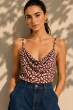 Draped top με floral print Χαρακτηριστικά Προϊόντος • One Size – καλύπτει έως Large • Σύνθεση: 87% Viscose, 13% Polyamide • Draped / cowl λαιμόκοψη με απαλή πτώση • Λεπτές τιράντες • Μικρό all-over floral print • Ρευστή και άνετη γραμμή • Απαλή viscose blend υφή • Non-iron ύφασμα Διαστάσεις One Size Μέτρηση Στήθος έως 105 cm Κοιλιά έως 98 cm Περιφέρεια έως 108 cm Μήκος 63 cm Οδηγίες Φροντίδας • Πλύσιμο έως 30°C • Στύψιμο μόνο σε χαμηλές στροφές • Όχι στεγνωτήριο • Δεν χρειάζεται σιδέρωμα / non-iron • Όχι λευκαντικό