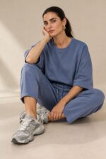 Set Viscose Loungewear in Indigo Κωδ:18226 Χαρακτηριστικά Προϊόντος • Σετ μπλούζα & παντελόνι • One Size – καλύπτει έως X-Large • Ύφασμα: Πολύ μαλακή σύνθεση με viscose • Loose μπλούζα με φαρδύ μανίκι για άνετη εφαρμογή • Παντελόνι 7/8 μήκους, carrot fit • Ελαστική μέση για καλύτερη προσαρμογή • Πρακτικές πλαϊνές τσέπες • Απαλό, ελαφρύ και breathable ύφασμα • Κατάλληλο για καθημερινά, travel & loungewear looks • Non-iron ύφασμα Διαστάσεις (flat) • Στήθος μπλούζας: έως 120 cm • Μήκος μπλούζας: περίπου 68 cm • Μέση παντελονιού: 70–100 cm (ελαστική) • Περιφέρεια: έως 110 cm • Μήκος παντελονιού: περίπου 92 cm Φροντίδα • Πλύσιμο έως 30°C • Χωρίς στύψιμο