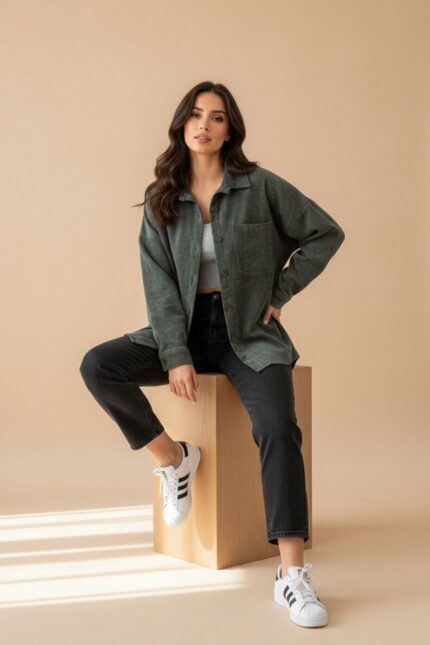 Zen Oversized Κοτλέ Πουκαμίσα in khaki