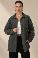 Zen Oversized Κοτλέ Πουκαμίσα in khaki