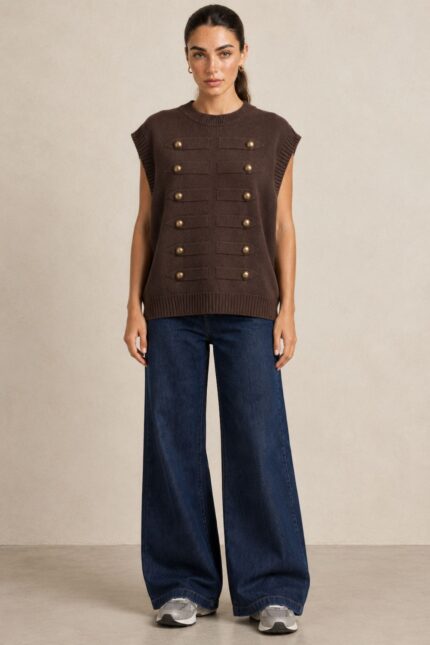 Soft Viscose Knit Vest  Κωδ:61026 Χαρακτηριστικά Προϊόντος One Size – καλύπτει έως XL Άνετη / oversized γραμμή Αμάνικο πλεκτό σχέδιο Viscose blend σύνθεση Εξαιρετικά απαλή πλεκτή υφή Φιλική αίσθηση για ευαίσθητες επιδερμίδες Στρογγυλή λαιμόκοψη Ribbed τελείωμα στη λαιμόκοψη, στα μανίκια και στο κάτω μέρος Διακοσμητικές σειρές με μεταλλικά στοιχεία Διαστάσεις Μέτρηση One Size Στήθος 110–140 cm Περιφέρεια 110–140 cm Μήκος 68 cm Καλύπτει M – L – XL Οδηγίες Φροντίδας Για να διατηρηθεί η απαλή υφή και το σχήμα της πλέξης: Πλύσιμο σε κρύο νερό Σε πρόγραμμα για ευαίσθητα / πλεκτά Χωρίς στύψιμο Προτείνεται πλύσιμο μέσα σε προστατευτική θήκη πλυντηρίου ή μαξιλαροθήκη Όχι στεγνωτήριο Στέγνωμα φυσικά και κατά προτίμηση οριζόντια, ώστε να μη χάσει τη φόρμα του Αποφύγετε το κρέμασμα όσο είναι βρεγμένο