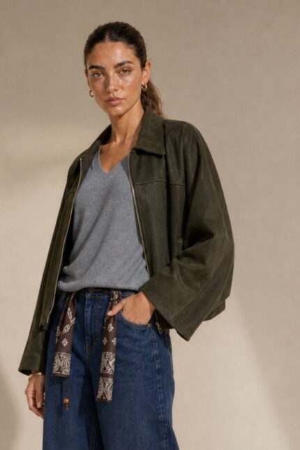 Suede Bomber Jacket in Khaki Κωδ:21020 Χαρακτηριστικά Προϊόντος One Size – καλύπτει έως Large Oversized / relaxed εφαρμογή ballon Cropped γραμμή Μαλακό και ελαφρύ ύφασμα Suede feel υφή Κλασικός γιακάς Κλείσιμο με φερμουάρ μπροστά οχι τσέπες Μακριά, άνετα μανίκια χωρίς λάστιχο στο τελείωμα Χαμηλωμένοι ώμοι Ιδανικό για layering Non-Iron Ενδεικτικές Διαστάσεις Μέτρηση One Size Στήθος έως ~116 cm Περιφέρεια έως ~112 cm Μήκος ~54 cm Μήκος μανικιού ~58 cm Οδηγίες Φροντίδας Πλύσιμο στο πλυντήριο σε κρύο νερό Επιλέξτε ήπιο πρόγραμμα Χωρίς στύψιμο Φυσικό στέγνωμα Όχι στεγνωτήριο Non-Iron Δεν χρειάζεται σιδέρωμα