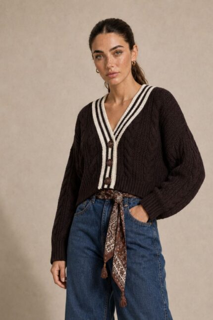 GNT Cable Knit Cardigan in Brown Χαρακτηριστικά Προϊόντος • Ύφασμα: Μαλακό πλεκτό • Ανάγλυφη cable knit / πλεξούδα ύφανση • V λαιμόκοψη • Contrast πλεκτή λεπτομέρεια περιμετρικά • Κλείσιμο μπροστά με κουμπιά • Μακριά μανίκια • Rib τελείωμα σε μανίκια και κάτω μέρος • Κανονική γραμμή • Κανονικό προς ελαφρώς cropped μήκος • Μαλακή και άνετη αίσθηση • One Size – καλύπτει έως Large Οδηγίες Φροντίδας • Πλύσιμο σε κρύο νερό • Στύψιμο μόνο σε χαμηλές στροφές • Στέγνωμα οριζόντια πάνω στην απλώστρα, ώστε να διατηρεί τη φόρμα του πλεκτού • Αποφύγετε το στεγνωτήριο και την άμεση επαφή με πηγές θερμότητας