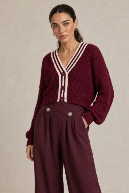 GNT Cable Knit Cardigan in Burgundy Χαρακτηριστικά Προϊόντος • Ύφασμα: Μαλακό πλεκτό • Ανάγλυφη cable knit / πλεξούδα ύφανση • V λαιμόκοψη • Contrast πλεκτή λεπτομέρεια περιμετρικά • Κλείσιμο μπροστά με κουμπιά • Μακριά μανίκια • Rib τελείωμα σε μανίκια και κάτω μέρος • Κανονική γραμμή • Κανονικό προς ελαφρώς cropped μήκος • Μαλακή και άνετη αίσθηση • One Size – καλύπτει έως Large Οδηγίες Φροντίδας • Πλύσιμο σε κρύο νερό • Στύψιμο μόνο σε χαμηλές στροφές • Στέγνωμα οριζόντια πάνω στην απλώστρα, ώστε να διατηρεί τη φόρμα του πλεκτού • Αποφύγετε το στεγνωτήριο και την άμεση επαφή με πηγές θερμότητας