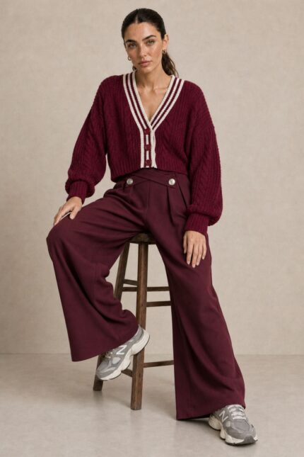 GNT Cable Knit Cardigan in Burgundy Χαρακτηριστικά Προϊόντος • Ύφασμα: Μαλακό πλεκτό • Ανάγλυφη cable knit / πλεξούδα ύφανση • V λαιμόκοψη • Contrast πλεκτή λεπτομέρεια περιμετρικά • Κλείσιμο μπροστά με κουμπιά • Μακριά μανίκια • Rib τελείωμα σε μανίκια και κάτω μέρος • Κανονική γραμμή • Κανονικό προς ελαφρώς cropped μήκος • Μαλακή και άνετη αίσθηση • One Size – καλύπτει έως Large Οδηγίες Φροντίδας • Πλύσιμο σε κρύο νερό • Στύψιμο μόνο σε χαμηλές στροφές • Στέγνωμα οριζόντια πάνω στην απλώστρα, ώστε να διατηρεί τη φόρμα του πλεκτού • Αποφύγετε το στεγνωτήριο και την άμεση επαφή με πηγές θερμότητας