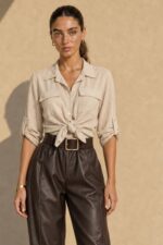 Παντελόνι Δερματίνη in Brown Κωδ:1610126 Χαρακτηριστικά Προϊόντος Ύφασμα: Μαλακή, λεία δερματίνη (leather effect) Φινίρισμα: Matte  Γραμμή: Άνετη, κανονική προς φαρδιά Barrel-inspired σχεδιασμός με χαλαρή σιλουέτα Κανονικό μήκος Άνετο μπατζάκι με ελαφρώς στρογγυλεμένη γραμμή Λάστιχο στο πίσω μέρος της μέσης για μεγαλύτερη άνεση Πρακτικές πλαϊνές τσέπες Κάθετες διακοσμητικές ραφές Μαλακή υφή και άνετη αίσθηση Οδηγίες Φροντίδας Πλύσιμο στους 30°C ή σε κρύο νερό, σε πρόγραμμα για ευαίσθητα. Χωρίς στύψιμο, για την προστασία της δερματίνης. Όχι στεγνωτήριο. Φυσικό στέγνωμα στη σκιά, μακριά από άμεση ηλιακή ακτινοβολία. Όχι σιδέρωμα. Μακριά από καλοριφέρ και άμεσες πηγές θερμότητας.