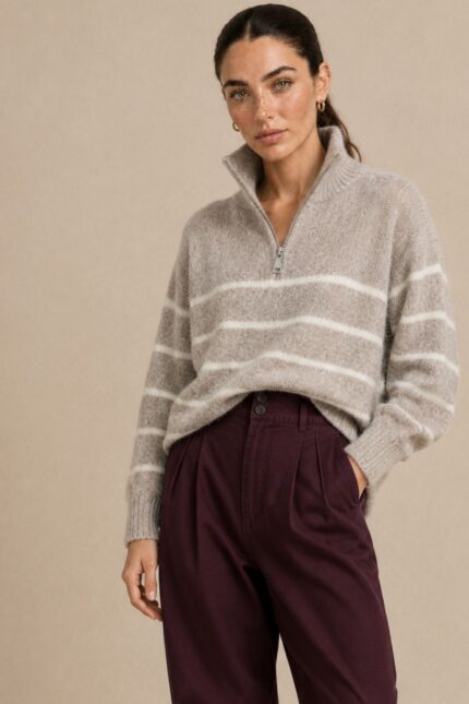 Julia Knitted Jumper – Ριγέ Πλεκτό Πουλόβερ με Φερμουάρ Χαρακτηριστικά Προϊόντος Σύνθεση: Wool – Alpaca blend Ύφασμα: Εξαιρετικά μαλακό, χνουδωτό πλεκτό Γραμμή: Oversized – άνετη και χαλαρή Μέγεθος: One Size – καλύπτει έως L Plus Μήκος: Κανονικό Κλείσιμο με κοντό φερμουάρ μπροστά (half zip) Ribbed τελείωμα στις μανσέτες και στη βάση Διακριτικό οριζόντιο ριγέ σχέδιο Ανάλαφρη, ζεστή και απαλή πλέξη Ευχάριστη αίσθηση στην επαφή με το δέρμα Εφαρμογή & Μέγεθος One Size – καλύπτει έως XL Plus. Η oversized γραμμή προσφέρει άνεση και ελευθερία κινήσεων, χωρίς να περιορίζει τη σιλουέτα. Η τελική εφαρμογή εξαρτάται από τον σωματότυπο και τον βαθμό χαλαρότητας που επιθυμείτε. Οδηγίες Φροντίδας  Πλύσιμο σε κρύο νερό, σε πρόγραμμα για ευαίσθητα ή μάλλινα. Χωρίς στύψιμο, για την προστασία της πλέξης.  Όχι στεγνωτήριο. Στέγνωμα οριζόντια, πάνω σε καθαρή απλώστρα, ώστε να διατηρείται η φόρμα του πλεκτού. Όχι σιδέρωμα. Αποφύγετε την άμεση έκθεση στον ήλιο και σε πηγές θερμότητας, όπως καλοριφέρ. Για μεγαλύτερη διάρκεια ζωής, συνιστάται η χρήση ειδικού απορρυπαντικού για μάλλινα και το στέγνωμα χωρίς κρέμασμα.