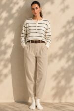 Striped Sugar Sweater – Ριγέ Πλεκτή Μπλούζα με Κουμπιά Κωδ:211026 Χαρακτηριστικά Προϊόντος Σύνθεση: Viscose – Modal Mix Ύφασμα: Λεπτό, εξαιρετικά απαλό πλεκτό Υφή: Λεία, φίνα και ιδιαίτερα ευχάριστη στην επαφή με το σώμα Γραμμή: Ελαφρώς oversized – relaxed fit Μέγεθος: One Size καλύπτει έως large Στρογγυλή λαιμόκοψη Μπροστινή πατιλέτα με μικρά κουμπιά Ribbed μανσέτες και τελείωμα Λεπτές οριζόντιες ρίγες Ανάλαφρη πλέξη χωρίς περιττό όγκο Ιδανικό για layering και καθημερινές εμφανίσεις Οδηγίες Φροντίδας 30°C – Πλύσιμο σε κρύο νερό, σε πρόγραμμα για ευαίσθητα. Χωρίς στύψιμο, για την προστασία της λεπτής πλέξης.  Όχι στεγνωτήριο.  Στέγνωμα οριζόντια, πάνω σε καθαρή απλώστρα, ώστε να διατηρείται η φόρμα του πλεκτού. Αποφύγετε το κρέμασμα όσο το πλεκτό είναι βρεγμένο. Συνιστάται αποφυγή υψηλών θερμοκρασιών και άμεσης έκθεσης στον ήλιο.