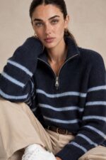 Julia Knitted Jumper in navy – Ριγέ Πλεκτό Πουλόβερ με Φερμουάρ Χαρακτηριστικά Προϊόντος Σύνθεση: Wool – Alpaca blend Ύφασμα: Εξαιρετικά μαλακό, χνουδωτό πλεκτό Γραμμή: Oversized – άνετη και χαλαρή Μέγεθος: One Size – καλύπτει έως L Plus Μήκος: Κανονικό Κλείσιμο με κοντό φερμουάρ μπροστά (half zip) Ribbed τελείωμα στις μανσέτες και στη βάση Διακριτικό οριζόντιο ριγέ σχέδιο Ανάλαφρη, ζεστή και απαλή πλέξη Ευχάριστη αίσθηση στην επαφή με το δέρμα Εφαρμογή & Μέγεθος One Size – καλύπτει έως XL Plus. Η oversized γραμμή προσφέρει άνεση και ελευθερία κινήσεων, χωρίς να περιορίζει τη σιλουέτα. Η τελική εφαρμογή εξαρτάται από τον σωματότυπο και τον βαθμό χαλαρότητας που επιθυμείτε. Οδηγίες Φροντίδας  Πλύσιμο σε κρύο νερό, σε πρόγραμμα για ευαίσθητα ή μάλλινα. Χωρίς στύψιμο, για την προστασία της πλέξης.  Όχι στεγνωτήριο. Στέγνωμα οριζόντια, πάνω σε καθαρή απλώστρα, ώστε να διατηρείται η φόρμα του πλεκτού. Όχι σιδέρωμα. Αποφύγετε την άμεση έκθεση στον ήλιο και σε πηγές θερμότητας, όπως καλοριφέρ. Για μεγαλύτερη διάρκεια ζωής, συνιστάται η χρήση ειδικού απορρυπαντικού για μάλλινα και το στέγνωμα χωρίς κρέμασμα.
