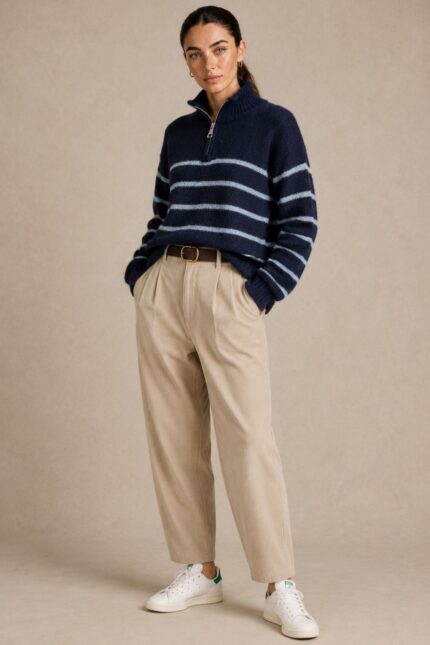 Julia Knitted Jumper in navy – Ριγέ Πλεκτό Πουλόβερ με Φερμουάρ Χαρακτηριστικά Προϊόντος Σύνθεση: Wool – Alpaca blend Ύφασμα: Εξαιρετικά μαλακό, χνουδωτό πλεκτό Γραμμή: Oversized – άνετη και χαλαρή Μέγεθος: One Size – καλύπτει έως L Plus Μήκος: Κανονικό Κλείσιμο με κοντό φερμουάρ μπροστά (half zip) Ribbed τελείωμα στις μανσέτες και στη βάση Διακριτικό οριζόντιο ριγέ σχέδιο Ανάλαφρη, ζεστή και απαλή πλέξη Ευχάριστη αίσθηση στην επαφή με το δέρμα Εφαρμογή & Μέγεθος One Size – καλύπτει έως XL Plus. Η oversized γραμμή προσφέρει άνεση και ελευθερία κινήσεων, χωρίς να περιορίζει τη σιλουέτα. Η τελική εφαρμογή εξαρτάται από τον σωματότυπο και τον βαθμό χαλαρότητας που επιθυμείτε. Οδηγίες Φροντίδας  Πλύσιμο σε κρύο νερό, σε πρόγραμμα για ευαίσθητα ή μάλλινα. Χωρίς στύψιμο, για την προστασία της πλέξης.  Όχι στεγνωτήριο. Στέγνωμα οριζόντια, πάνω σε καθαρή απλώστρα, ώστε να διατηρείται η φόρμα του πλεκτού. Όχι σιδέρωμα. Αποφύγετε την άμεση έκθεση στον ήλιο και σε πηγές θερμότητας, όπως καλοριφέρ. Για μεγαλύτερη διάρκεια ζωής, συνιστάται η χρήση ειδικού απορρυπαντικού για μάλλινα και το στέγνωμα χωρίς κρέμασμα.
