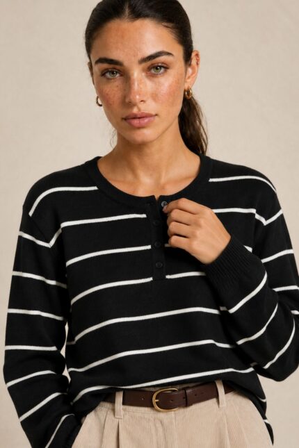 Striped Sugar Sweater in black – Ριγέ Πλεκτή Μπλούζα με Κουμπιά Κωδ:211026 Χαρακτηριστικά Προϊόντος Σύνθεση: Viscose – Modal Mix Ύφασμα: Λεπτό, εξαιρετικά απαλό πλεκτό viscose - modal blend Υφή: Λεία, φίνα και ιδιαίτερα ευχάριστη στην επαφή με το σώμα Γραμμή: Ελαφρώς oversized – relaxed fit Μέγεθος: One Size καλύπτει έως large Στρογγυλή λαιμόκοψη Μπροστινή πατιλέτα με μικρά κουμπιά Ribbed μανσέτες και τελείωμα Λεπτές οριζόντιες ρίγες Ανάλαφρη πλέξη χωρίς περιττό όγκο Ιδανικό για layering και καθημερινές εμφανίσεις Οδηγίες Φροντίδας 30°C – Πλύσιμο σε κρύο νερό, σε πρόγραμμα για ευαίσθητα. Χωρίς στύψιμο, για την προστασία της λεπτής πλέξης.  Όχι στεγνωτήριο.  Στέγνωμα οριζόντια, πάνω σε καθαρή απλώστρα, ώστε να διατηρείται η φόρμα του πλεκτού. Αποφύγετε το κρέμασμα όσο το πλεκτό είναι βρεγμένο. Συνιστάται αποφυγή υψηλών θερμοκρασιών και άμεσης έκθεσης στον ήλιο.