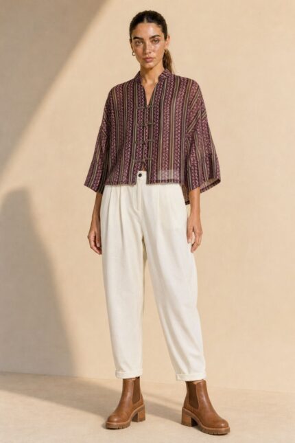 Mao Tencel Shirt in Burgundy – Μπλούζα με Mao Γιακά & Ιδιαίτερα Κουμπιά Χαρακτηριστικά Προϊόντος Σύνθεση: 95% Tencel – 5% lycra Ύφασμα: Λεπτό, σταθερό Tencel Υφή: Απαλή και λεία, με ανάλαφρη αίσθηση Γραμμή: Άνετη – relaxed fit Μέγεθος: One Size – καλύπτει από Small έως Extra Large Μανίκια: Φαρδιά, τρουακάρ  Οδηγίες Φροντίδας Για τη διατήρηση της υφής, των χρωμάτων και των ιδιαίτερων διακοσμητικών λεπτομερειών του Tencel, προτείνεται ήπια φροντίδα. 30°C – Πλύσιμο σε κρύο νερό, σε πρόγραμμα για ευαίσθητα, εφόσον το επιτρέπει η ετικέτα. Ήπιο στύψιμο ή χωρίς στύψιμο, για την προστασία του υφάσματος και των διακοσμητικών κορδονιών. ⊠ Όχι στεγνωτήριο. □ Φυσικό στέγνωμα στη σκιά, μακριά από άμεση ηλιακή ακτινοβολία. Πλύσιμο από την ανάποδη πλευρά, κατά προτίμηση μέσα σε ειδική θήκη προστασίας. Αποφύγετε την έντονη τριβή και το τράβηγμα των διακοσμητικών κόμπων.